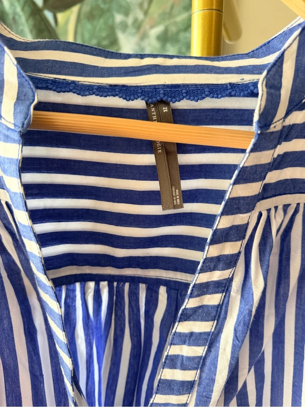 Anthropologie Blue White Striped Puff Sleeve Popover Blouse 2X Cotton Relaxed